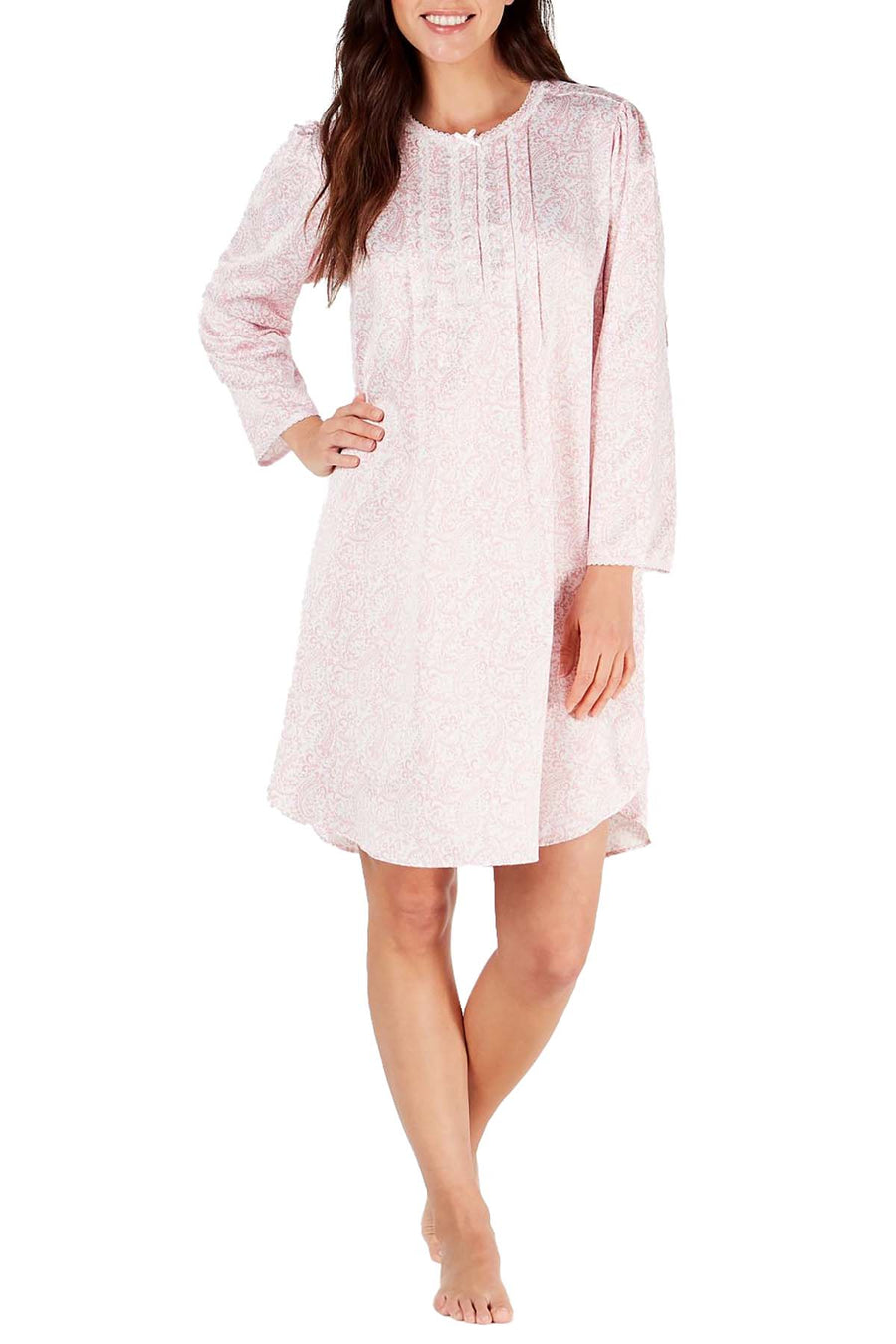 Miss Elaine PETITE Printed Brushed Back Satin Nightgown in Neutral Pink