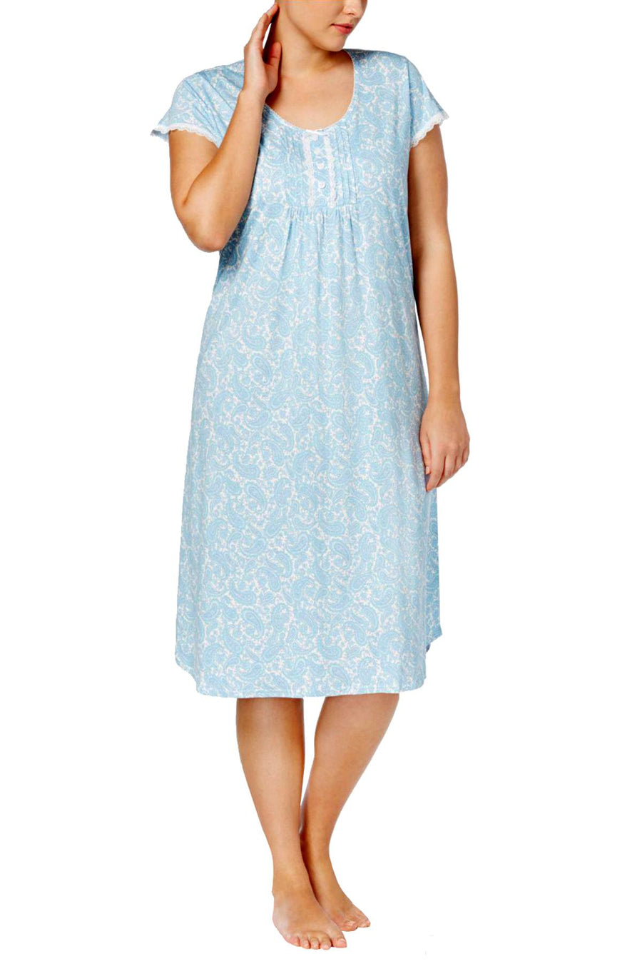 Miss Elaine PLUS Blue Paisley-Print Tucked-Front Knit Nightgown