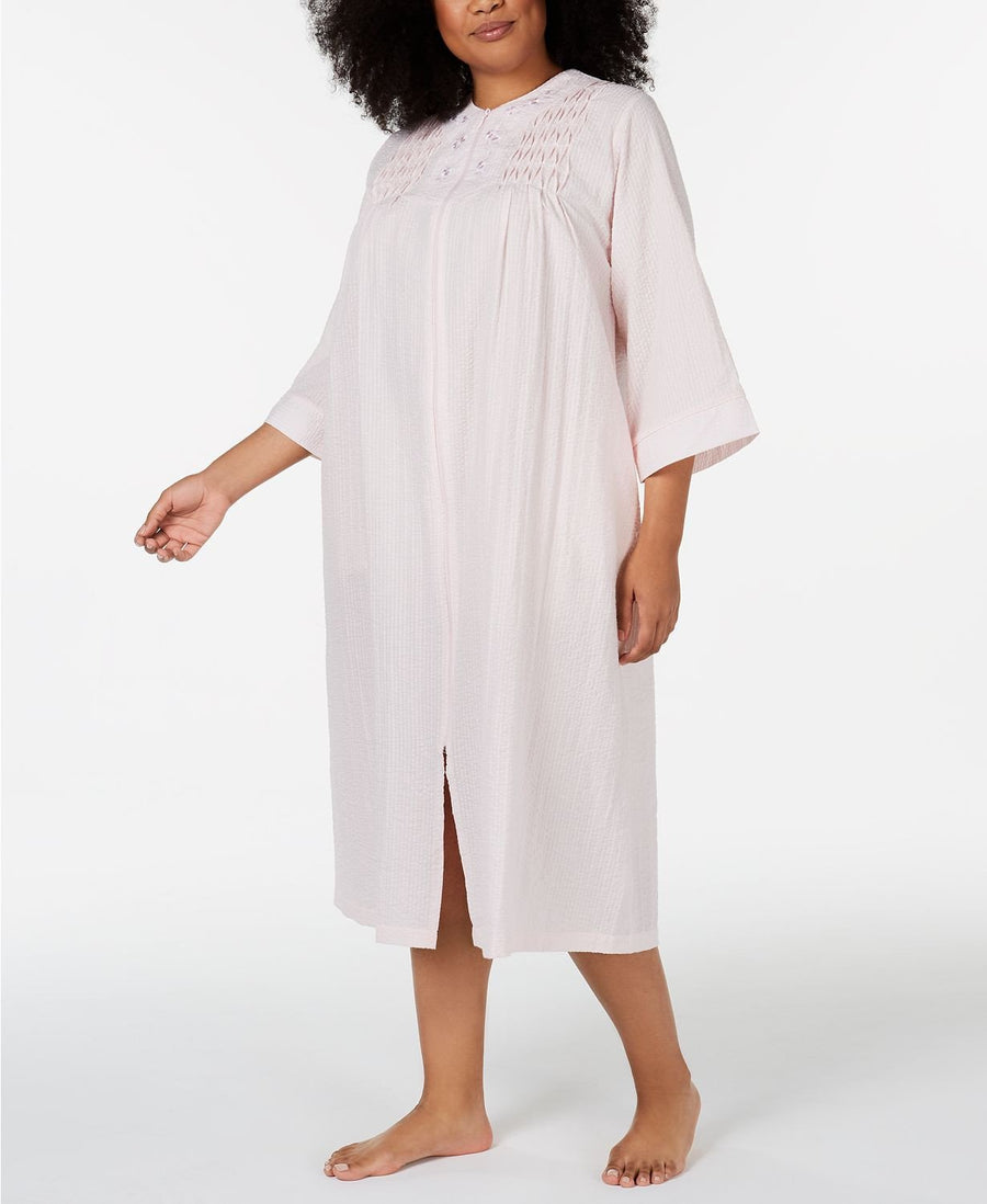 Miss Elaine PLUS Embroidered Seersucker Long Zip Up Robe in Peach