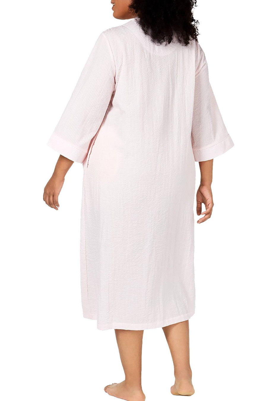 Miss Elaine PLUS Embroidered Seersucker Long Zip Up Robe in Peach