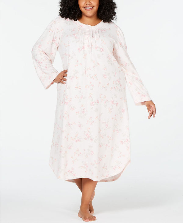 Miss Elaine PLUS Long Printed Knit Gown in Peach Flower Sprays