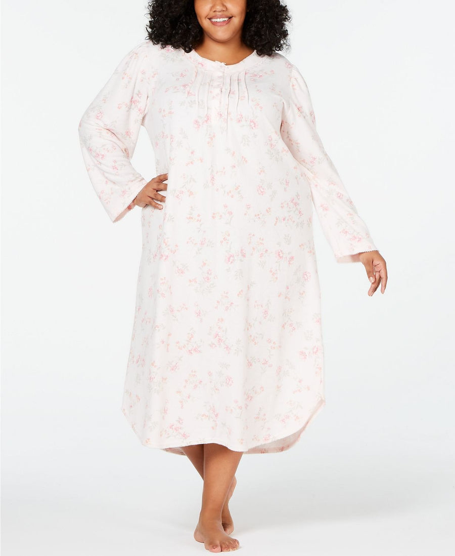 Miss Elaine PLUS Long Printed Knit Gown in Peach Flower Sprays