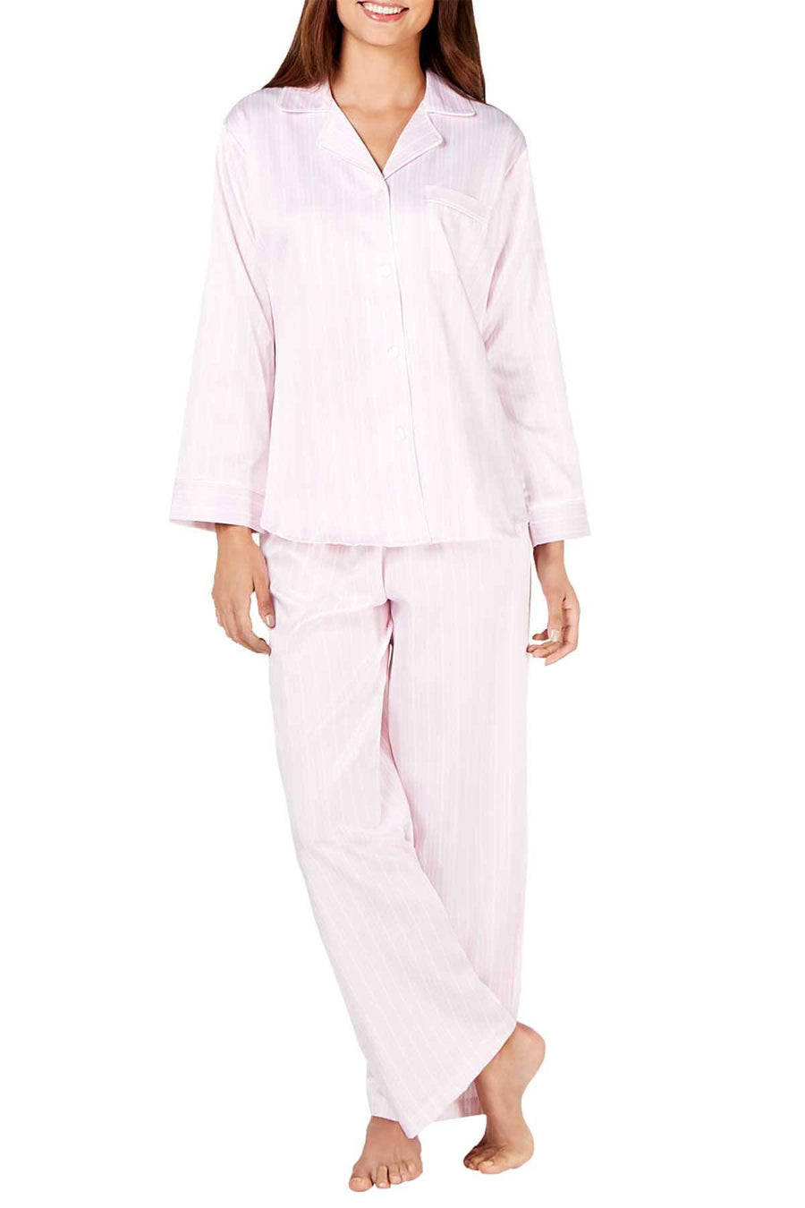 Miss Elaine Pink Stripe Brushed Back Satin Pajama Set