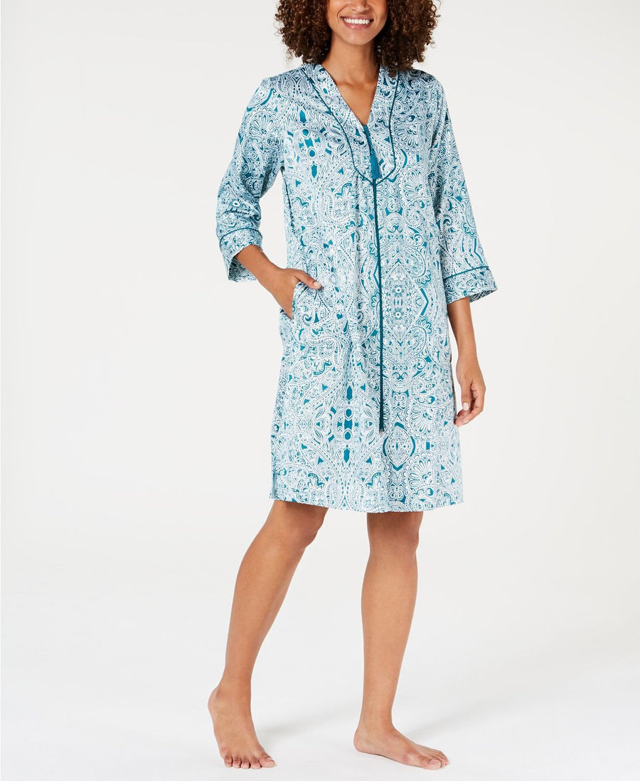 Miss Elaine Printed Brushed Back Satin Zip Robe in Jade Paisley