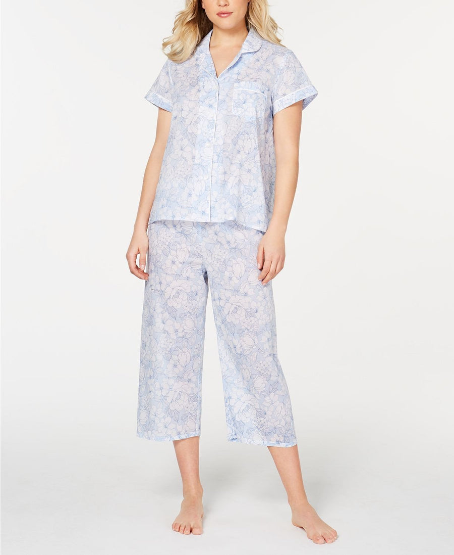 Miss Elaine Printed Cotton Notch Collar Top And Cropped Pant Pajama Set in Blue Floral
