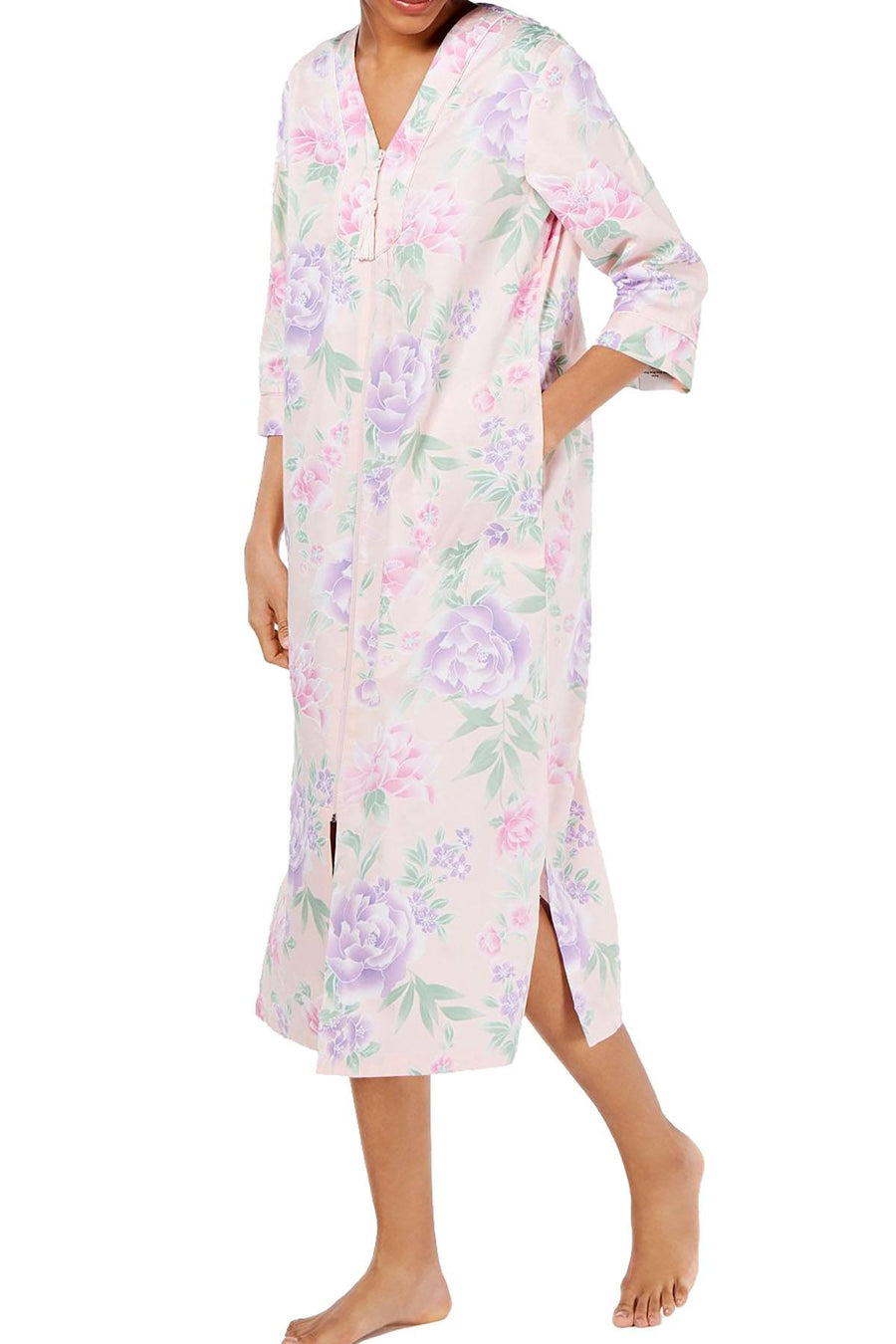 Miss Elaine Printed Cotton Sateen Long Zip Robe in Pink/Violet Floral