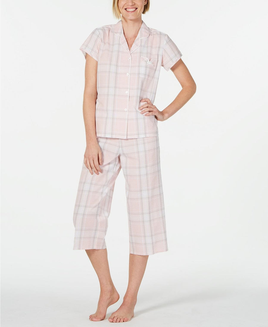 Miss Elaine Seersucker Notch Collar Top And Cropped Pant Pajama Set in Pink Plaid