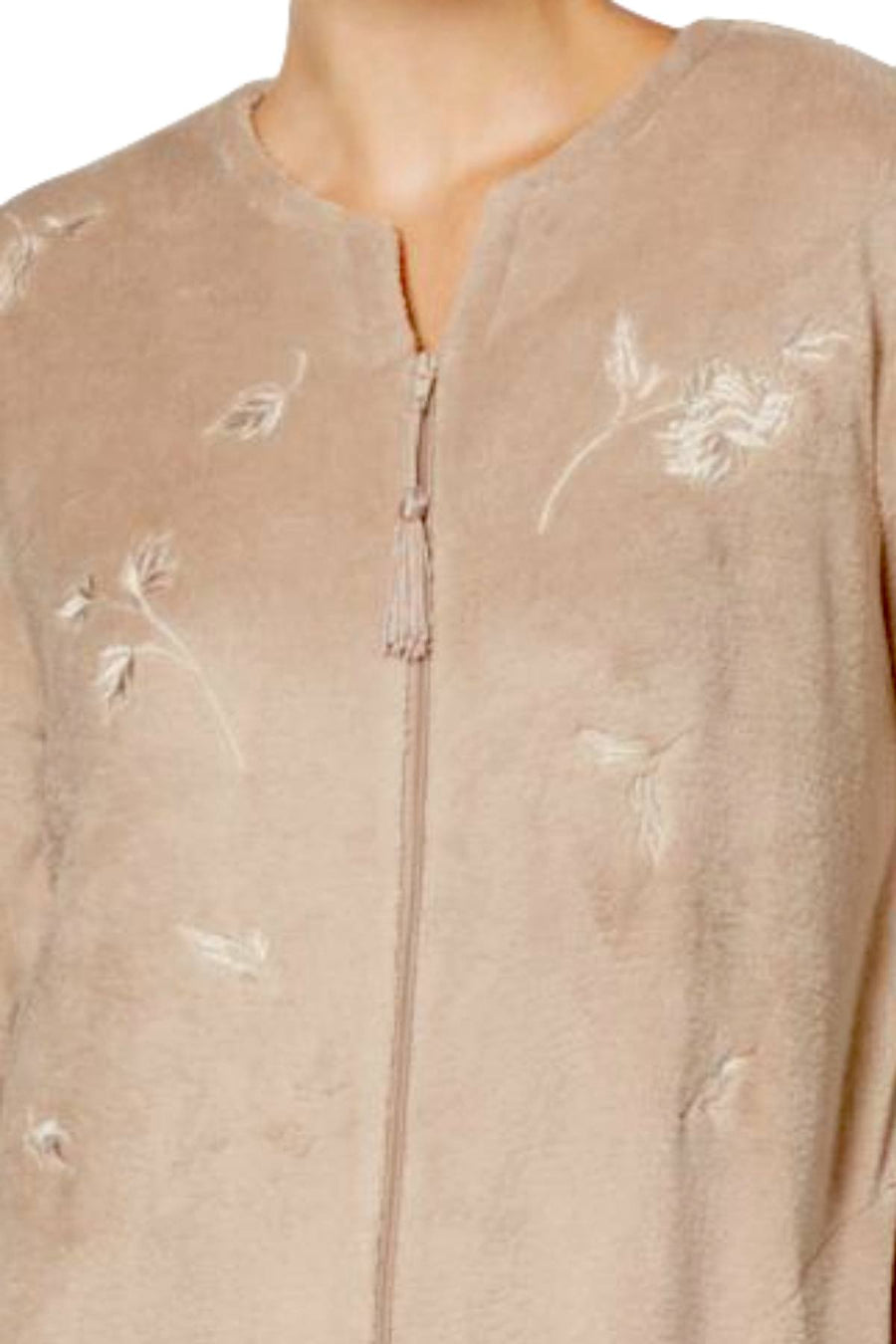 Miss Elaine Warm-Beige Embroidered Fleece Robe