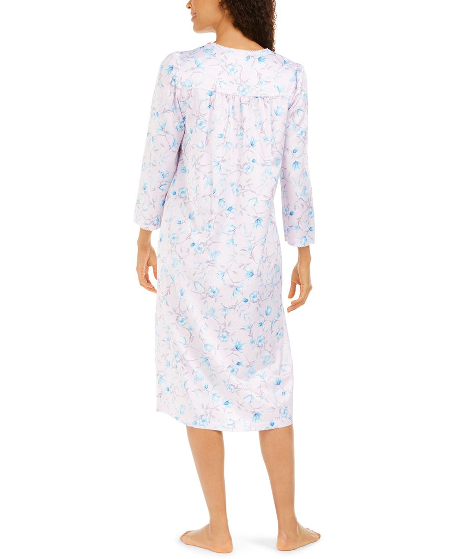 Miss Elaine Wo Brushed Back Satin V-neck Nightgown Blue Floral Stems On Pink