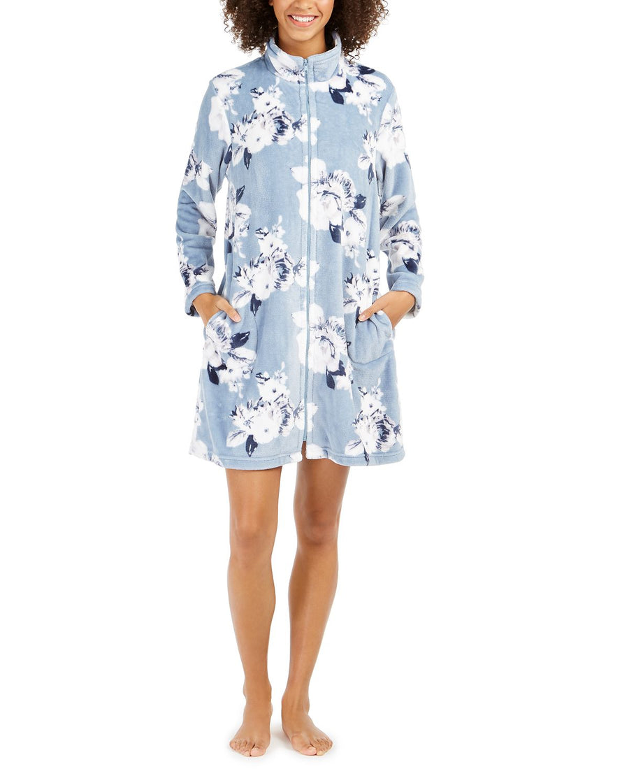 Miss Elaine Wo Fleece Floral-print Zipper Short Robe Blue Floral