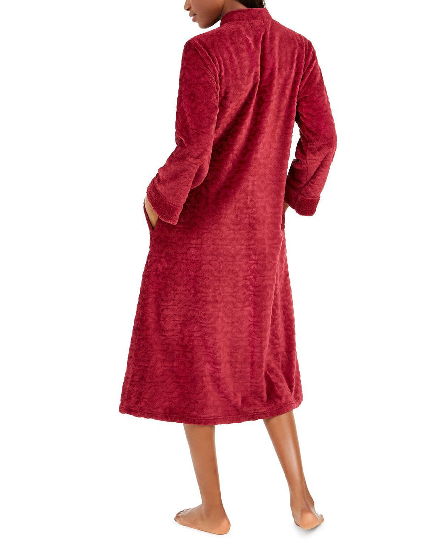 Miss Elaine Wo Jacquard Cuddle Fleece Long Zipper Robe Burgundy