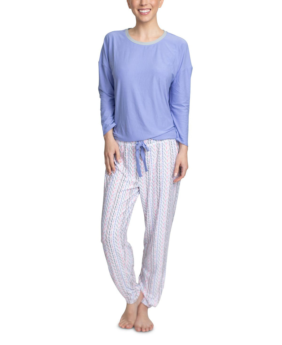 Muk Luks Cool Girl Solid Top & Printed Jogger Pants Pajama Set Purple/azt
