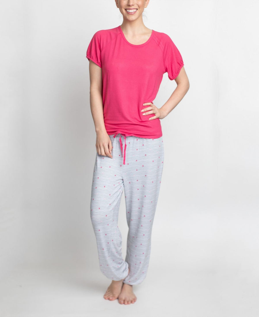 Muk Luks T-shirt & Printed Pants Pajama Set Pink And Stripe