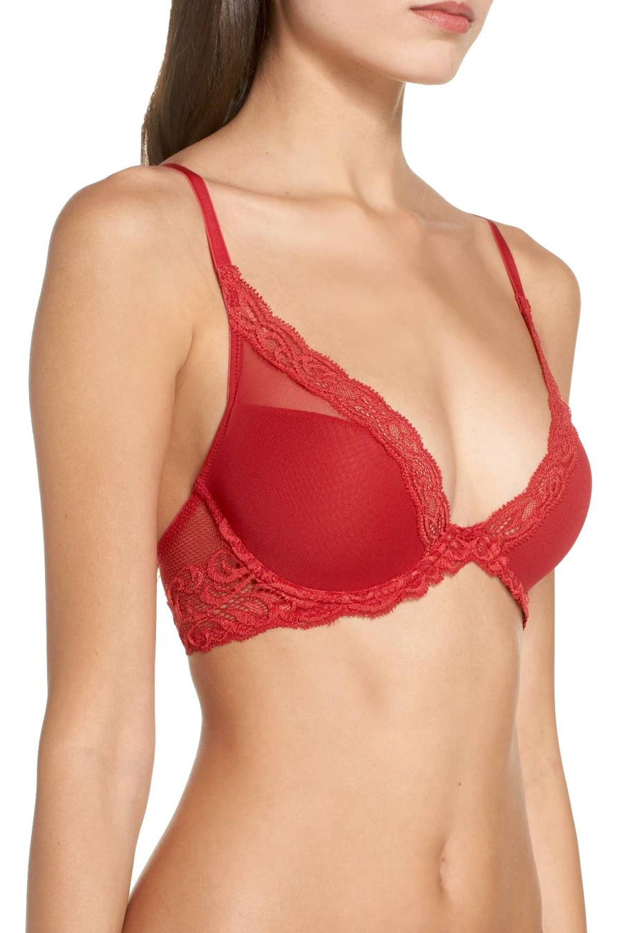 Natori Burnt Red Ravish Feathers Lace Contour Demi Bra