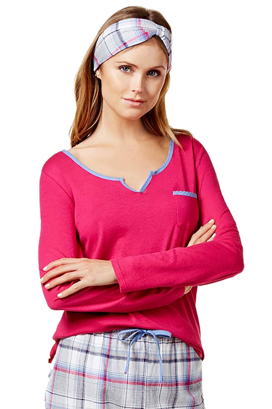 Nautica Fuchsia/Grey Flannel Trimmed Pajama Top & Headband Set