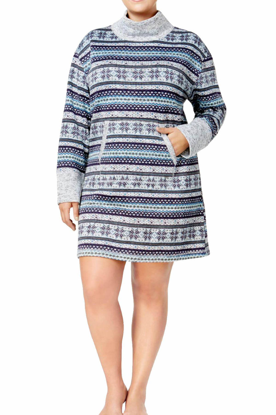 Nautica PLUS Navy-Print Turtleneck Sweater-Knit Sleep Dress