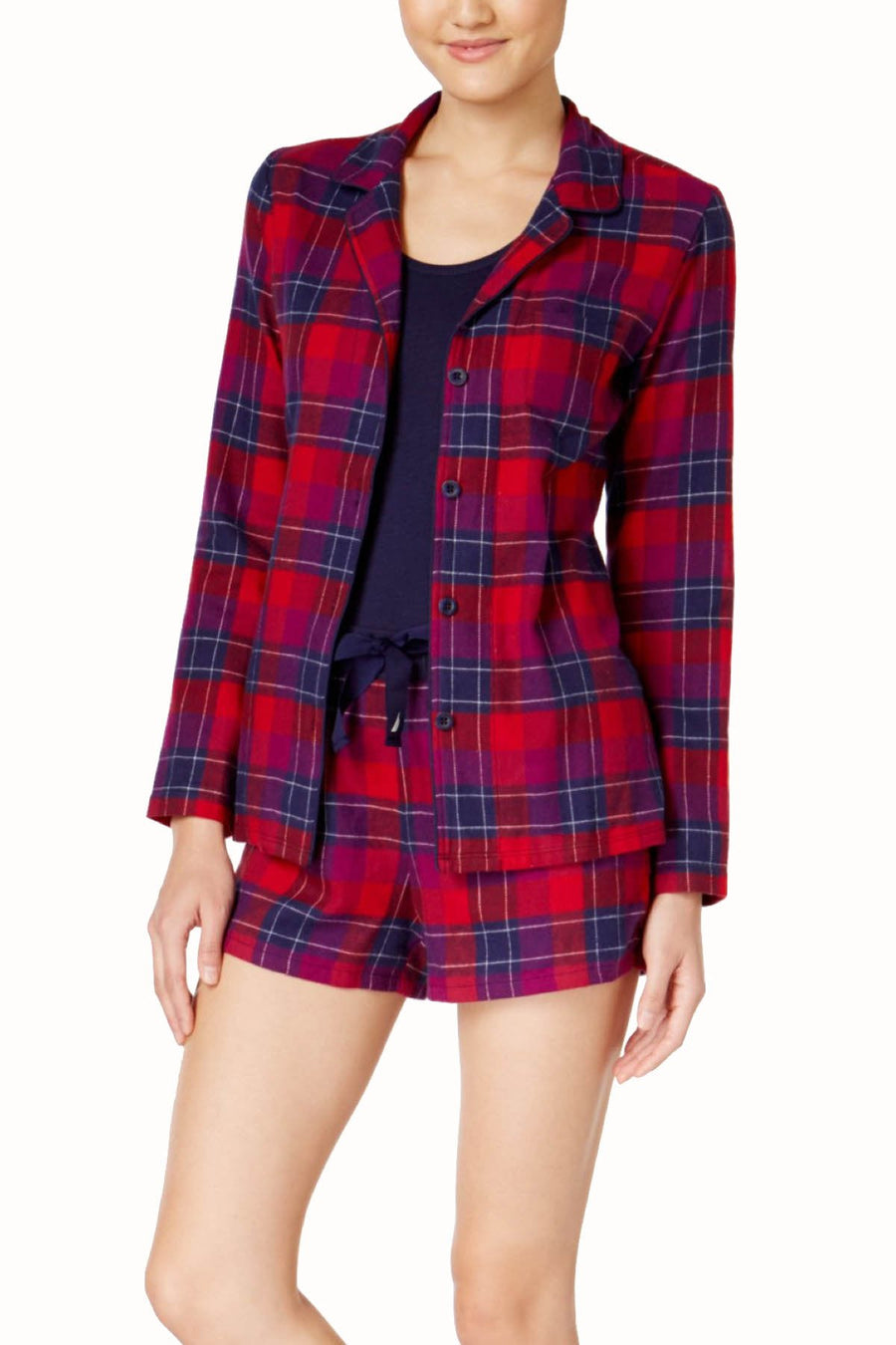 Nautica Red/Navy Plaid Button-Front Shirt, Tank-Top & Sleep Short 3-Piece Set