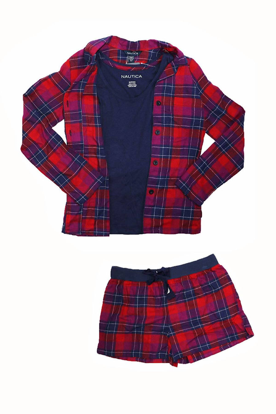Nautica Red/Navy Plaid Button-Front Shirt, Tank-Top & Sleep Short 3-Piece Set