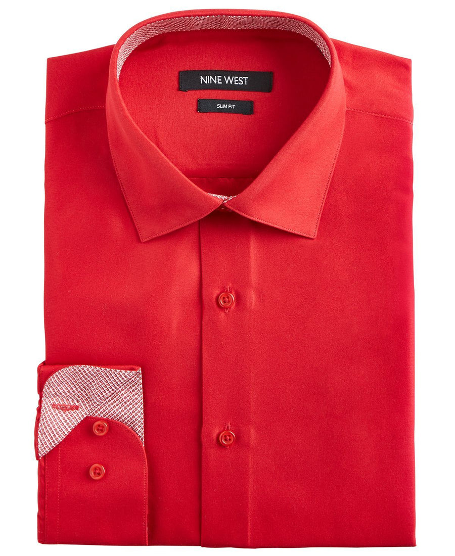 Nine West Slim-fit Wrinkle-free Performance Stretch Samba Red Dress Shirt Samba Red/white