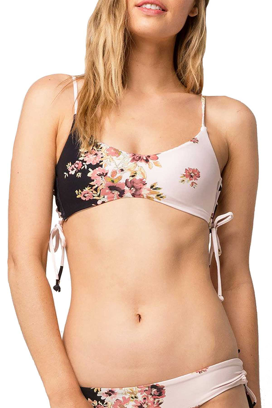O'neill Pink/Black Castaway Printed Lace Up Sides Bikini Top