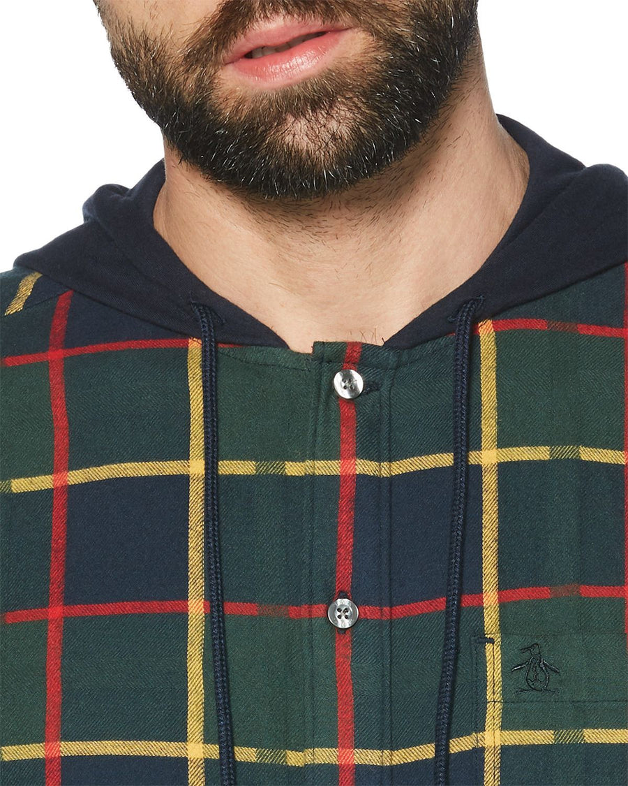 Original Penguin Plaid Flannel Hooded Regular Fit Shirt Dark Sapphire