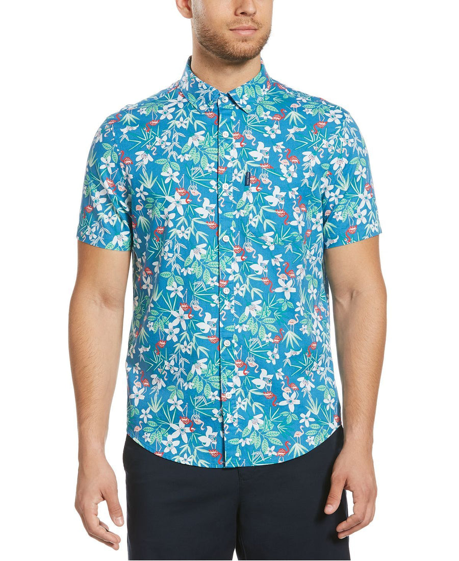 Original Penguin Slim-fit Dobby Tropical Print Short Sleeve Shirt Deep Water