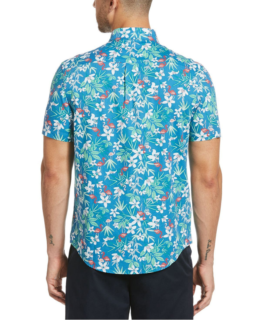 Original Penguin Slim-fit Dobby Tropical Print Short Sleeve Shirt Deep Water