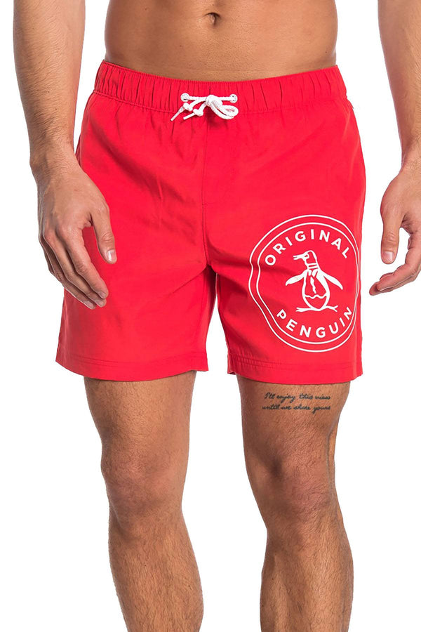 Original Penguin Stamp Logo Swim Short in Flame Scarlet