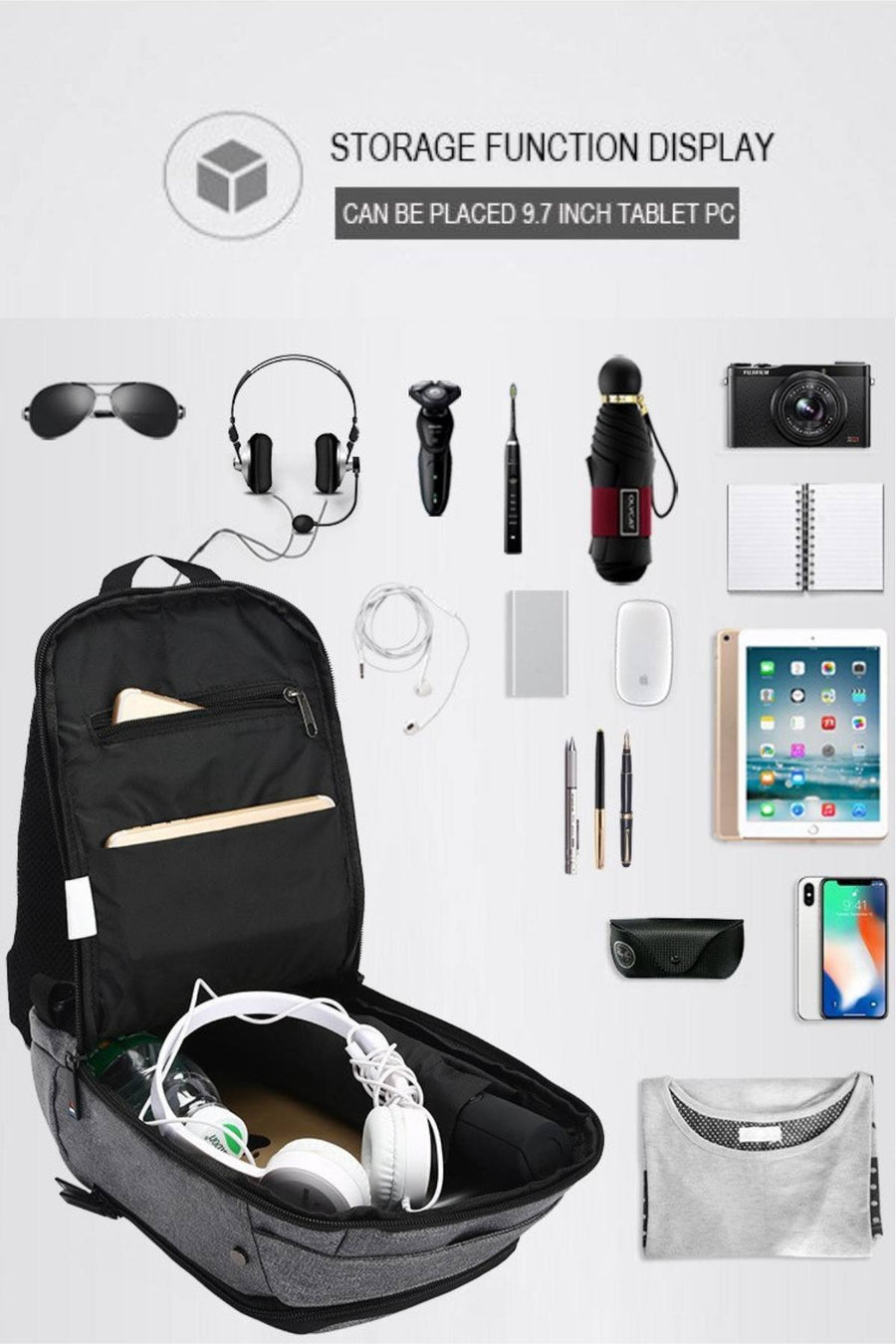 Ozuko Black USB-Charging Crossbody Tablet Backpack-Bag