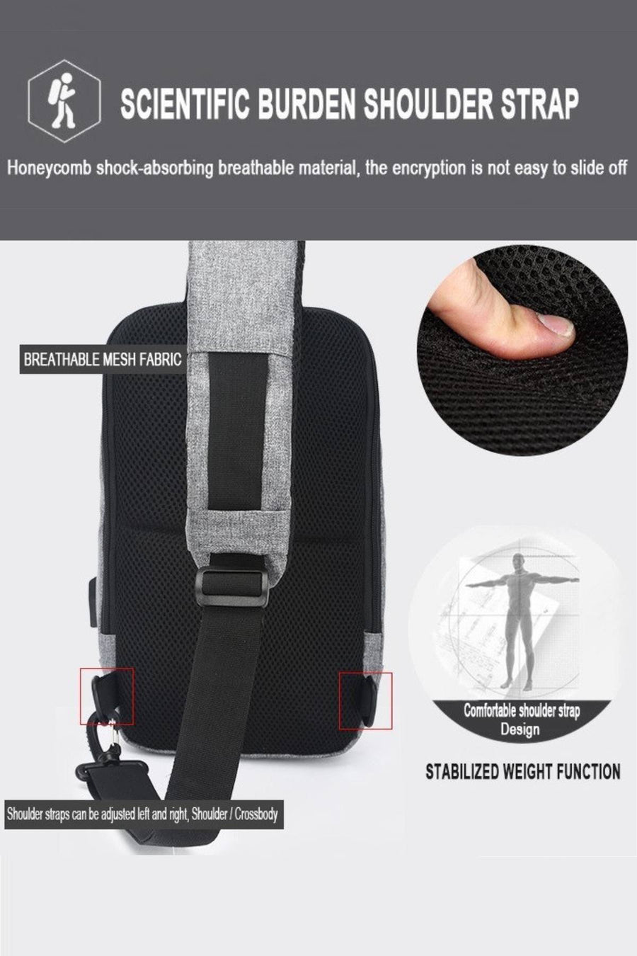 Ozuko Black USB-Charging Crossbody Tablet Backpack-Bag