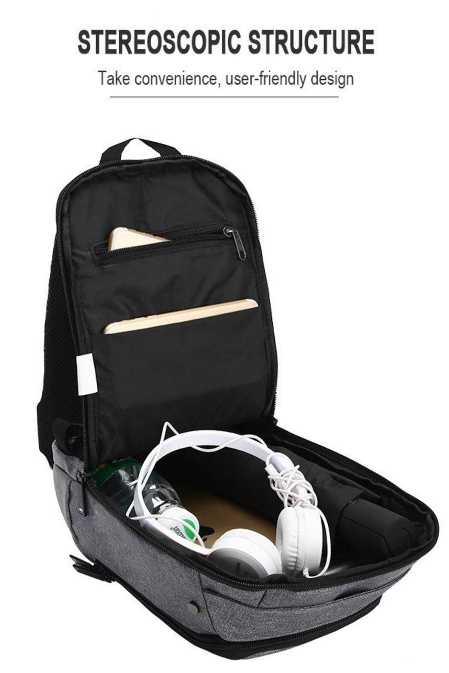 Ozuko Black USB-Charging Crossbody Tablet Backpack-Bag