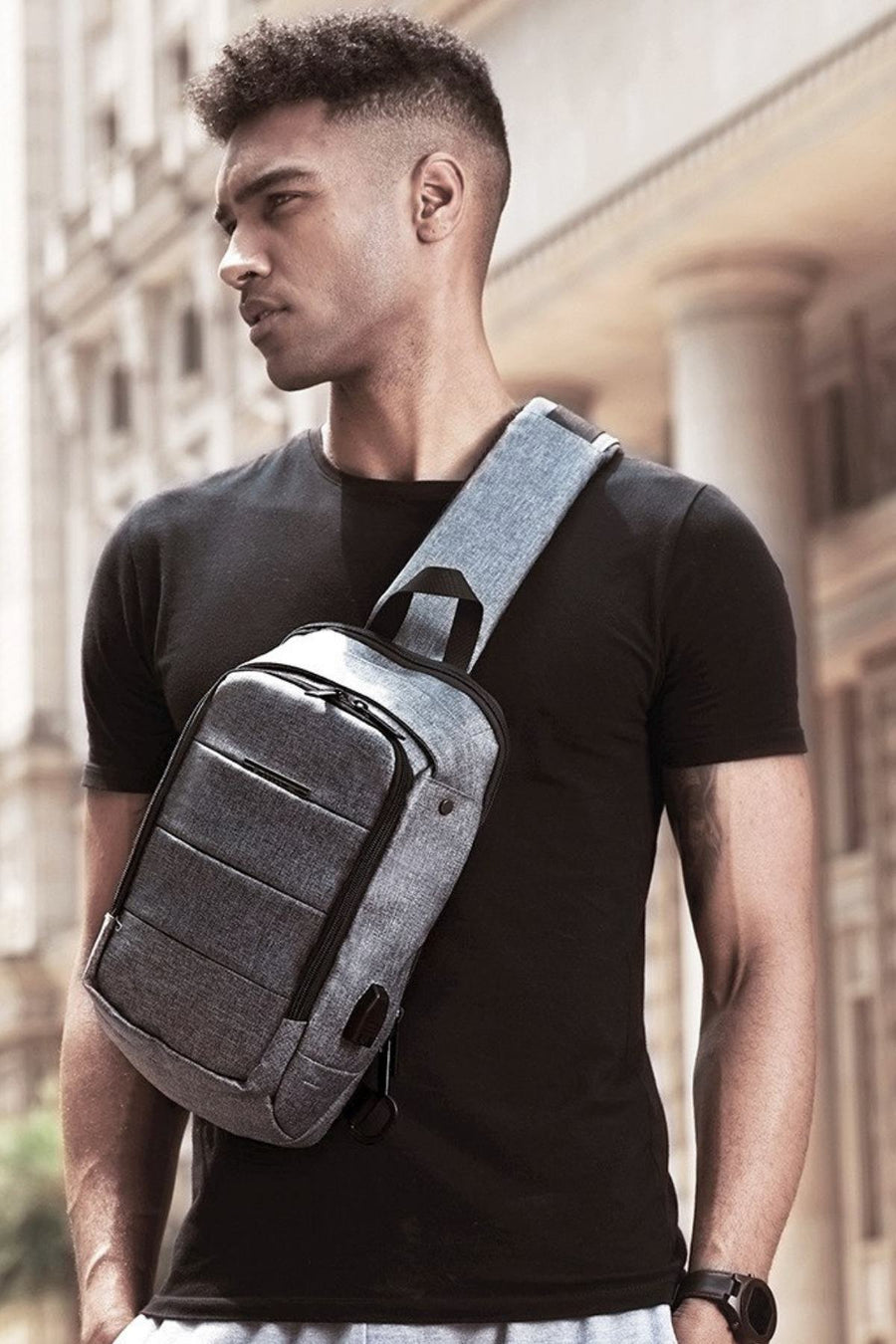 Ozuko Grey USB-Charging Crossbody Tablet Backpack-Bag