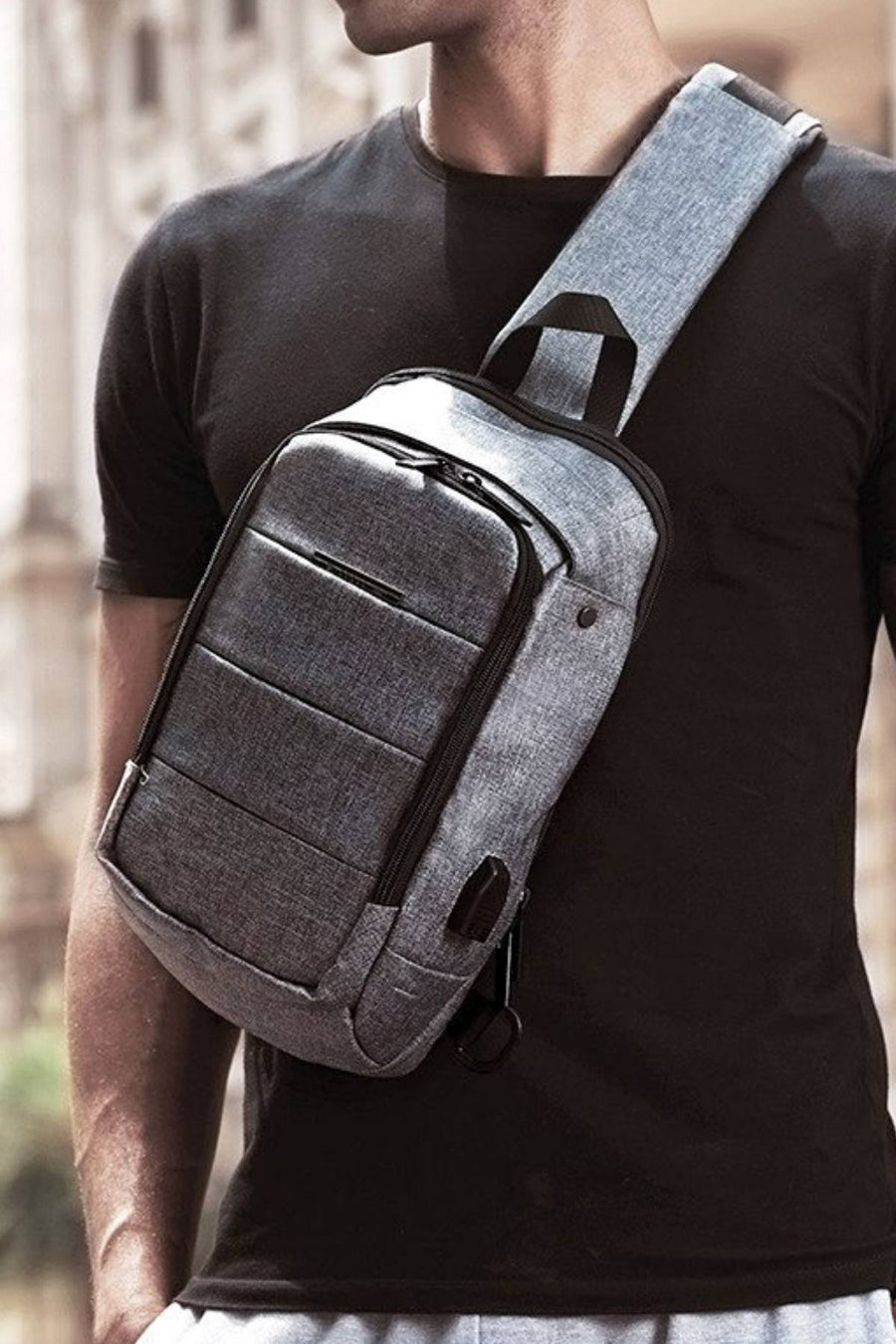 Ozuko Grey USB-Charging Crossbody Tablet Backpack-Bag