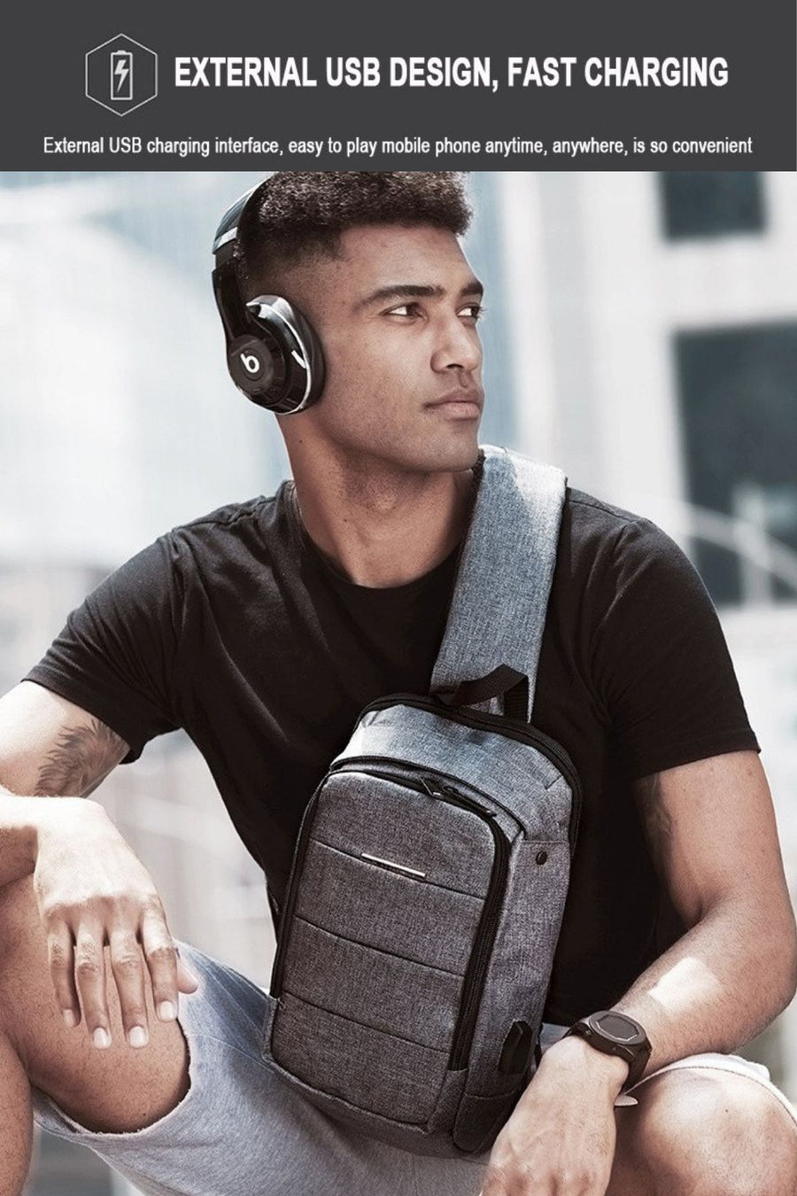 Ozuko Grey USB-Charging Crossbody Tablet Backpack-Bag
