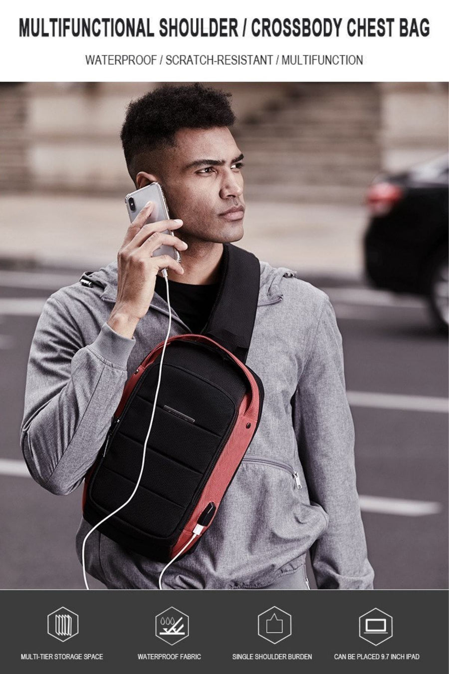 Ozuko Red/Black USB-Charging Crossbody Tablet Backpack-Bag