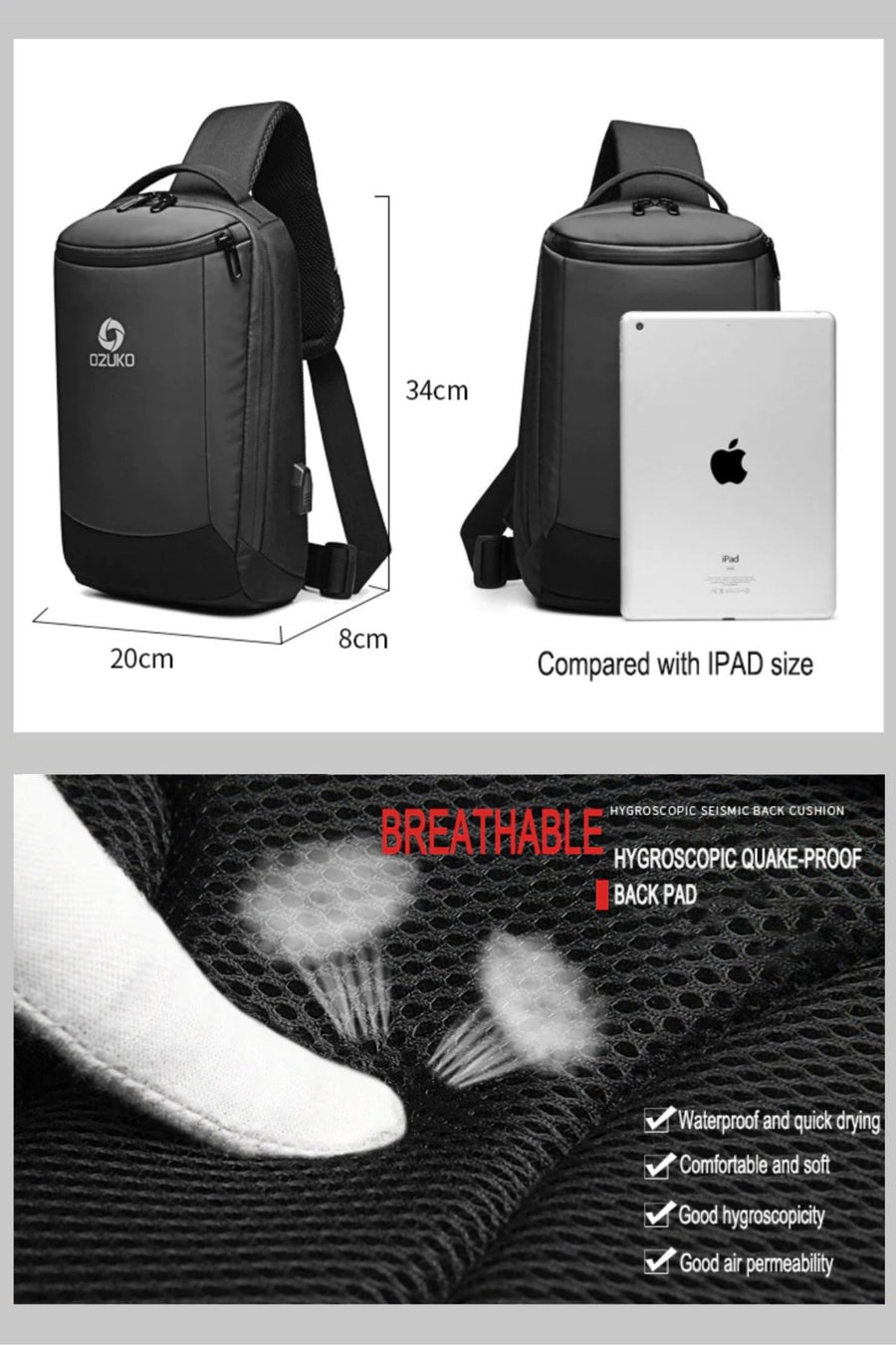 Ozuko Very-Black Waterproof Crossbody Single Shoulder Bag