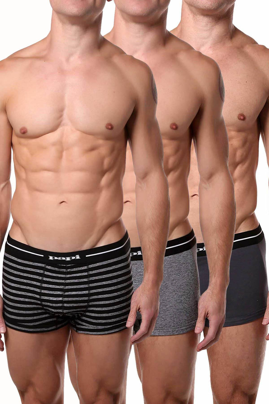 Papi Black/Grey/White Striped/Solid Brazilian Trunk 3-Pack