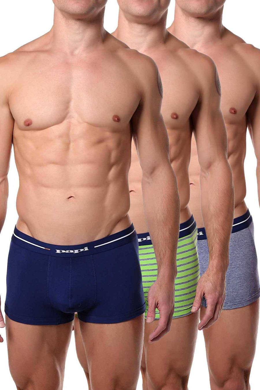 Papi Green/Blue/White Striped/Solid Brazilian Trunk 3-Pack