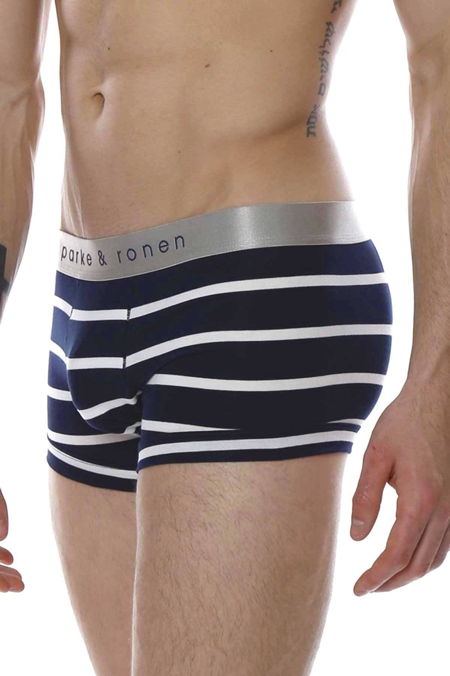 Parke & Ronen Navy/White Striped Low-Rise Trunk