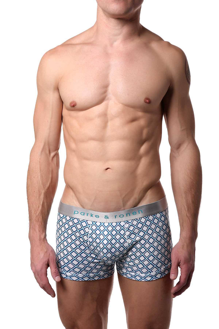 Parke & Ronen White/Turquoise Diamond-Printed Low-Rise Trunk