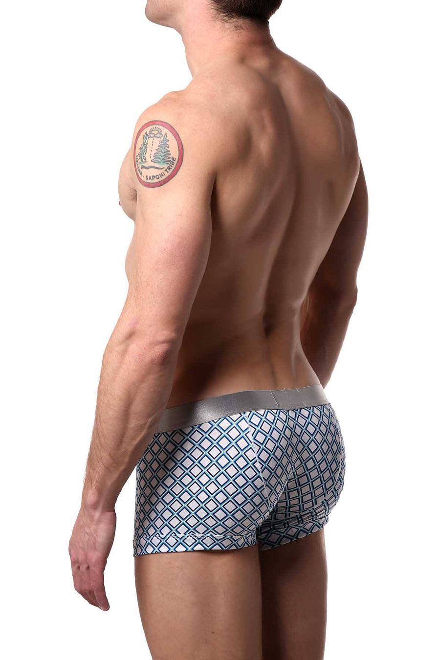 Parke & Ronen White/Turquoise Diamond-Printed Low-Rise Trunk