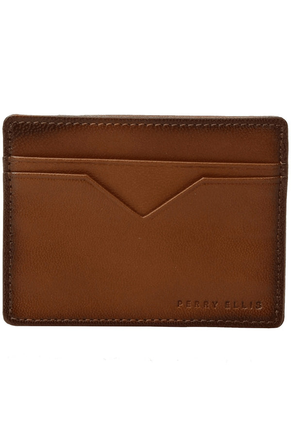 Perry Ellis Portfolio Tan Premium Leather Card Holder Passcase Wallet