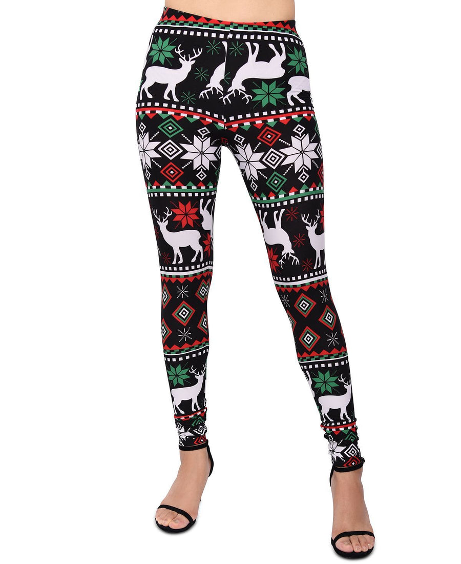 Planet Gold Juniors' Printed Reindeer Holiday Leggings Black Reindeer