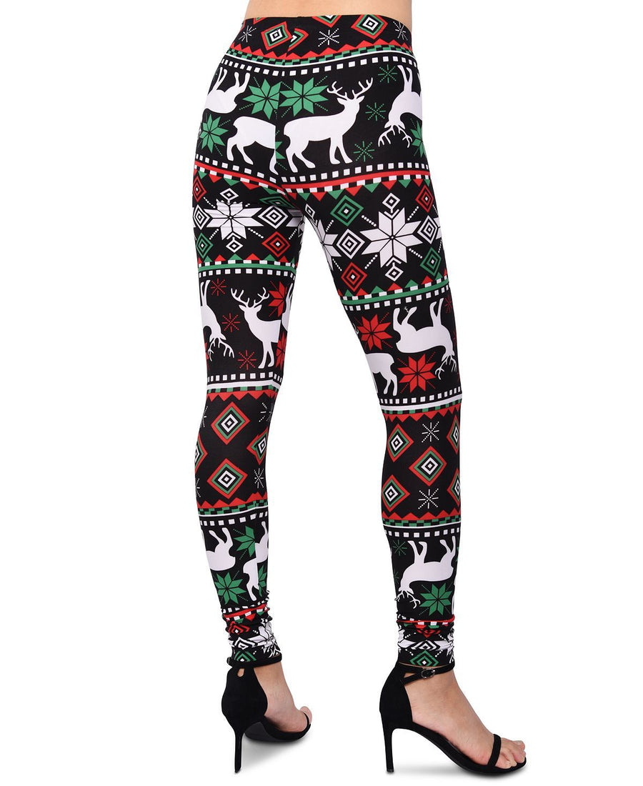 Planet Gold Juniors' Printed Reindeer Holiday Leggings Black Reindeer