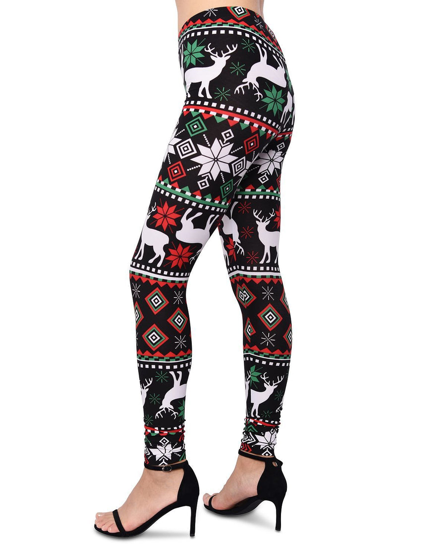 Planet Gold Juniors' Printed Reindeer Holiday Leggings Black Reindeer