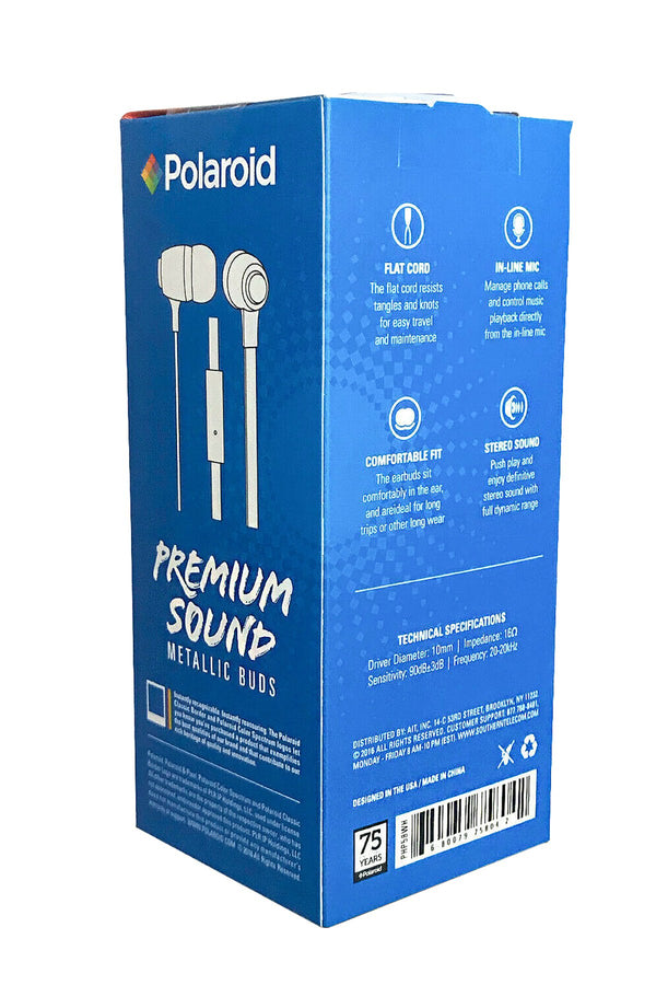 Polaroid White Metallic Premium Sound Earbuds with Microphone