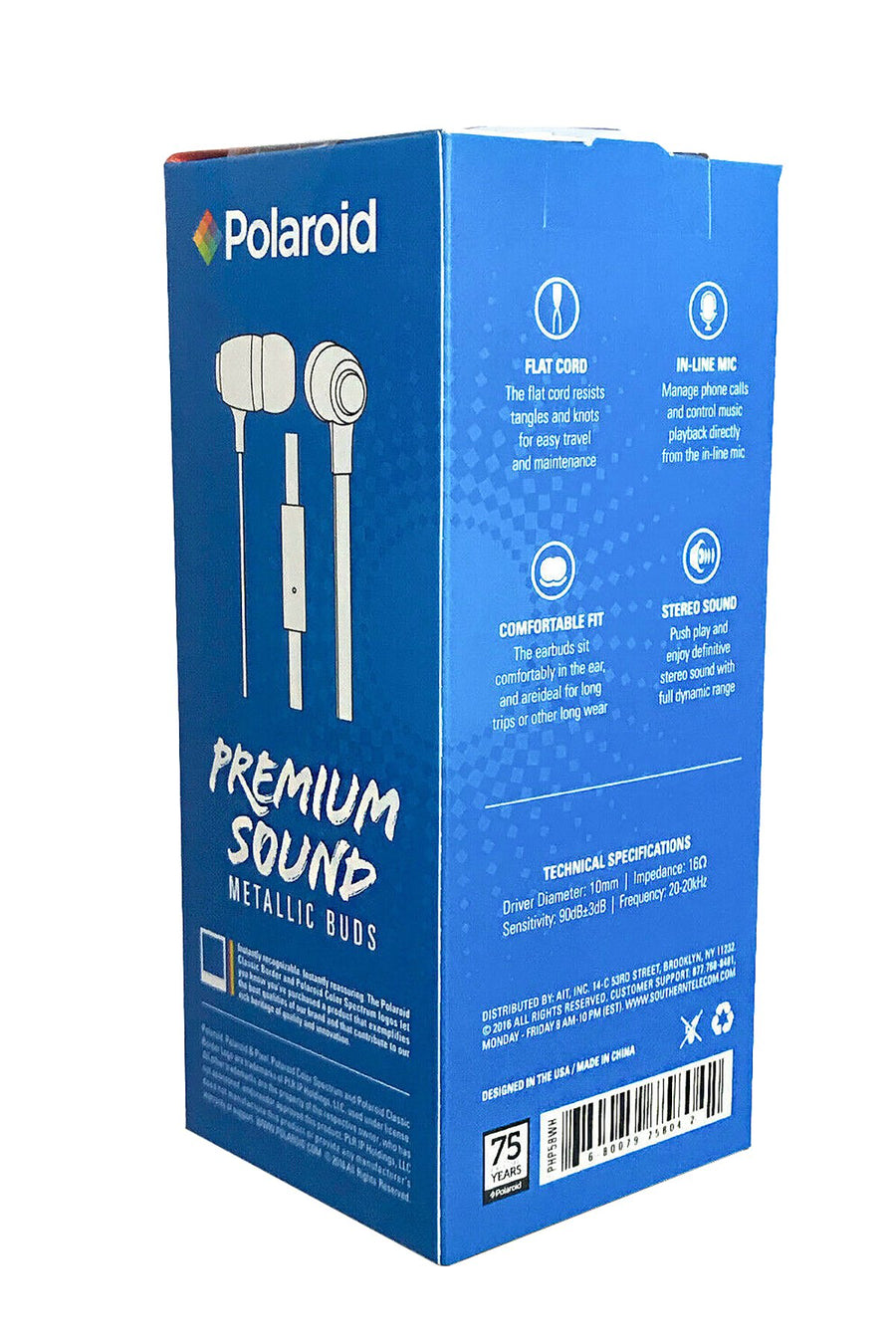 Polaroid White Metallic Premium Sound Earbuds with Microphone
