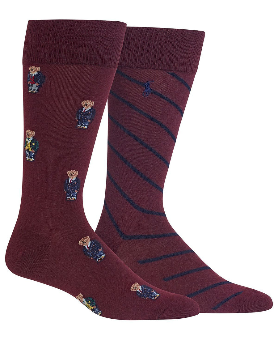 Polo Ralph Lauren 2-pk. Preppy Bears Dress Casual Socks Burgundy
