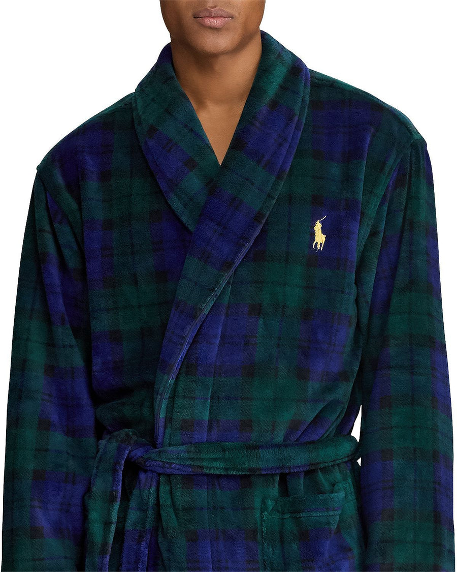 Polo Ralph Lauren Plush Shawl Collar Robe Blue Green Plaid