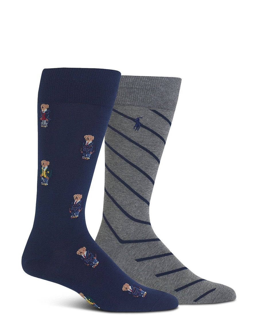 Polo Ralph Lauren Preppy Bears & Stripes Dress Socks Pack Of 2 Navy/Gray Heather